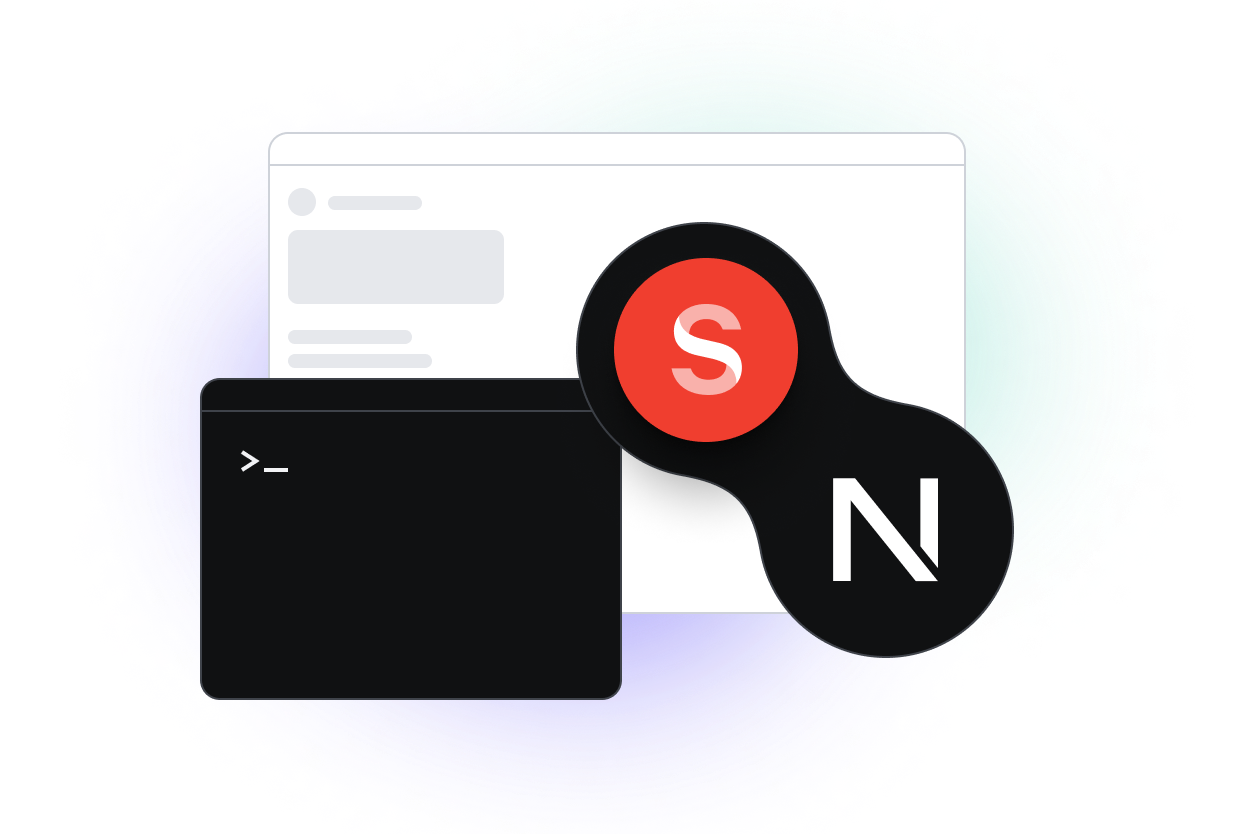 An illustration of a browser window, a terminal window, the Sanity.io logo and the NextJS logo